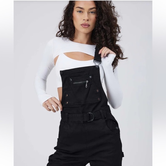 New BuffBunny Over It Alls Black Stretch Cotton Straight Leg Overalls Size S - Picture 4 of 16